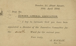 A postcard sent to A. C. Lamb, announcing his
election to the Committee of the Liberal Association in Dundee's Ward 6